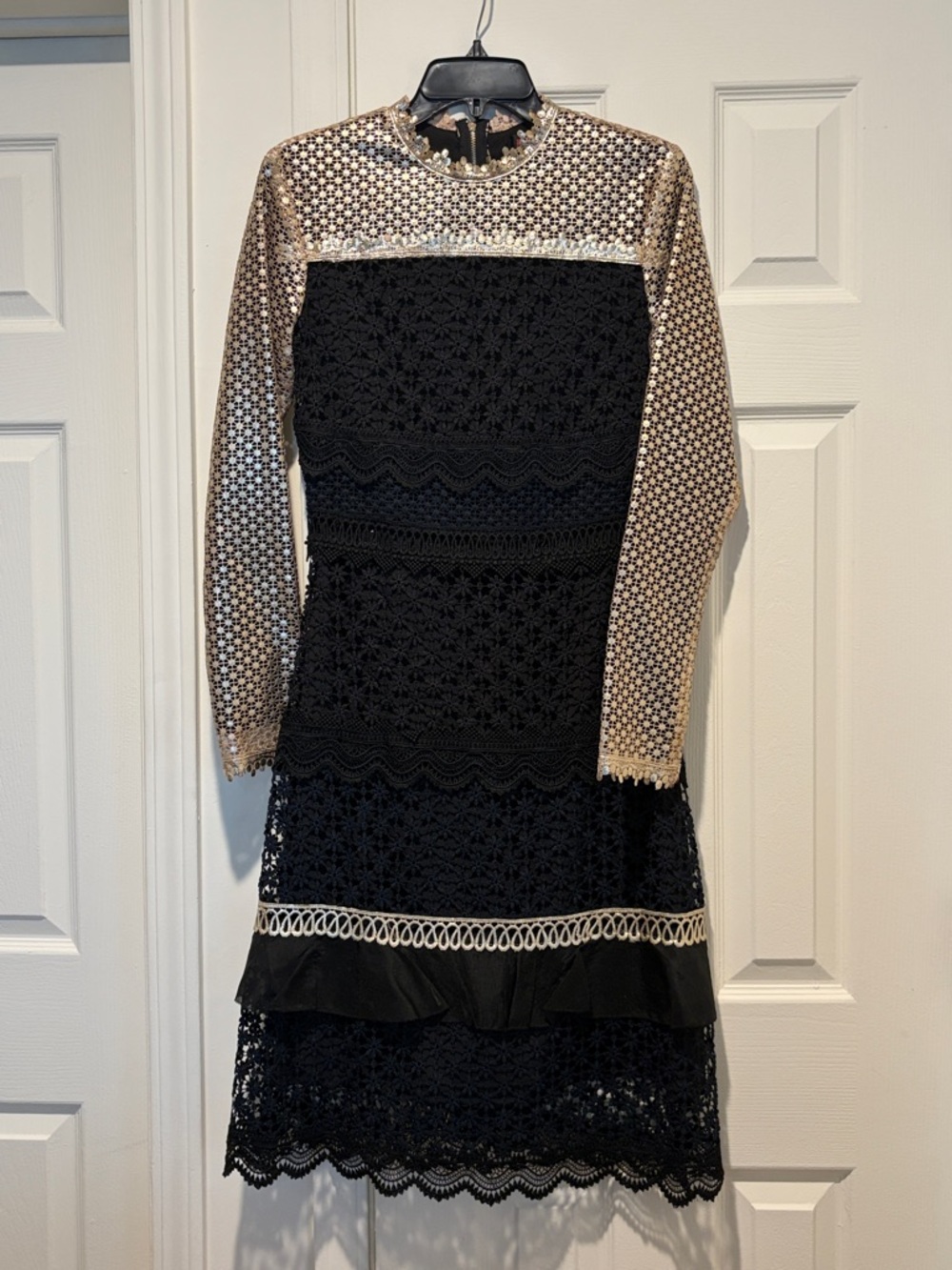 Black Lace & Gold Mesh Long-Sleeve Dress
